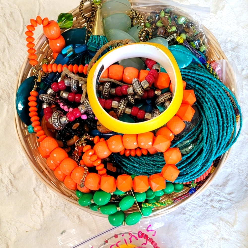 Basket & Bag of Costume Jewelry & Earrings